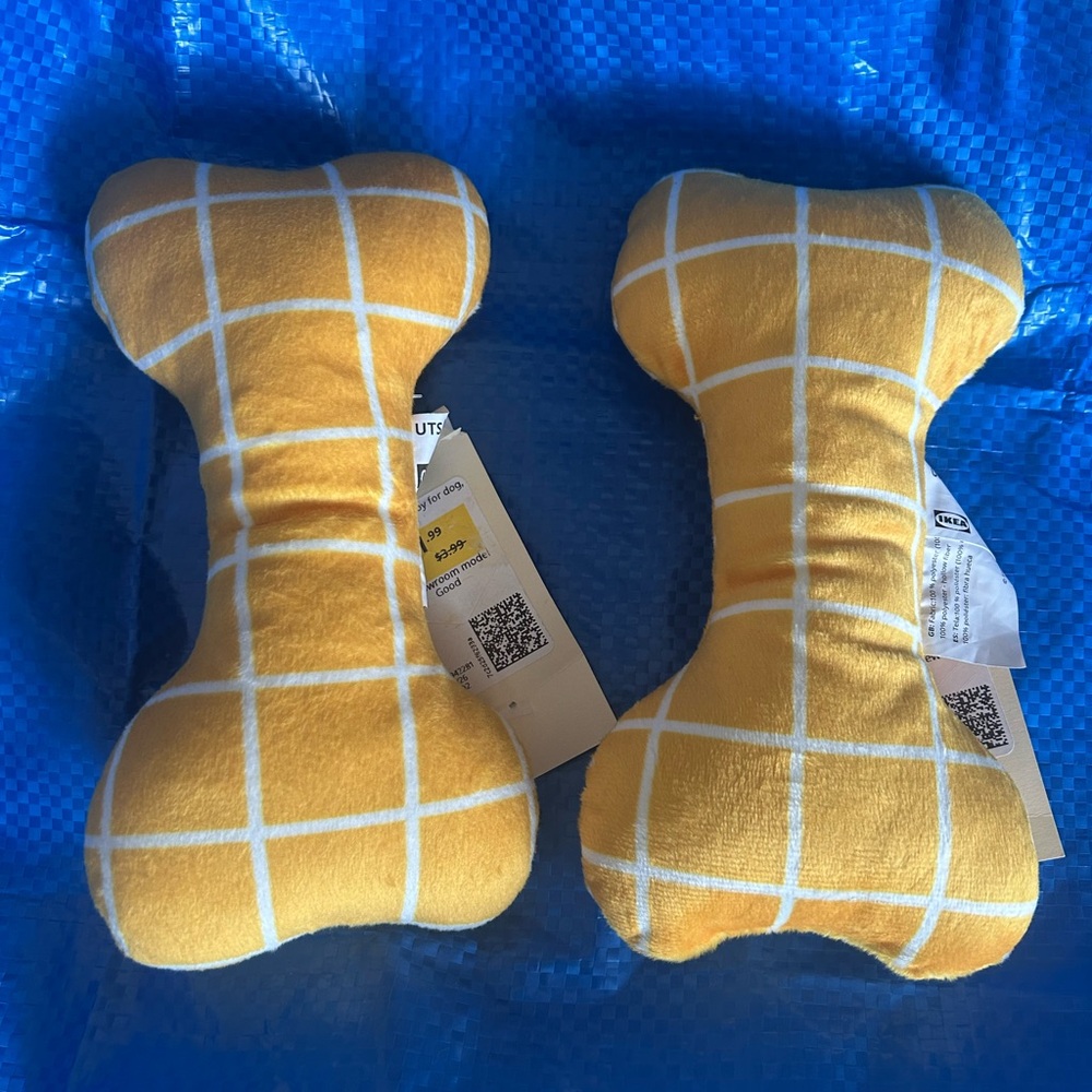 IKEA Yellow Plaid Plush Bone Toy Pair New with Tags Set of 2